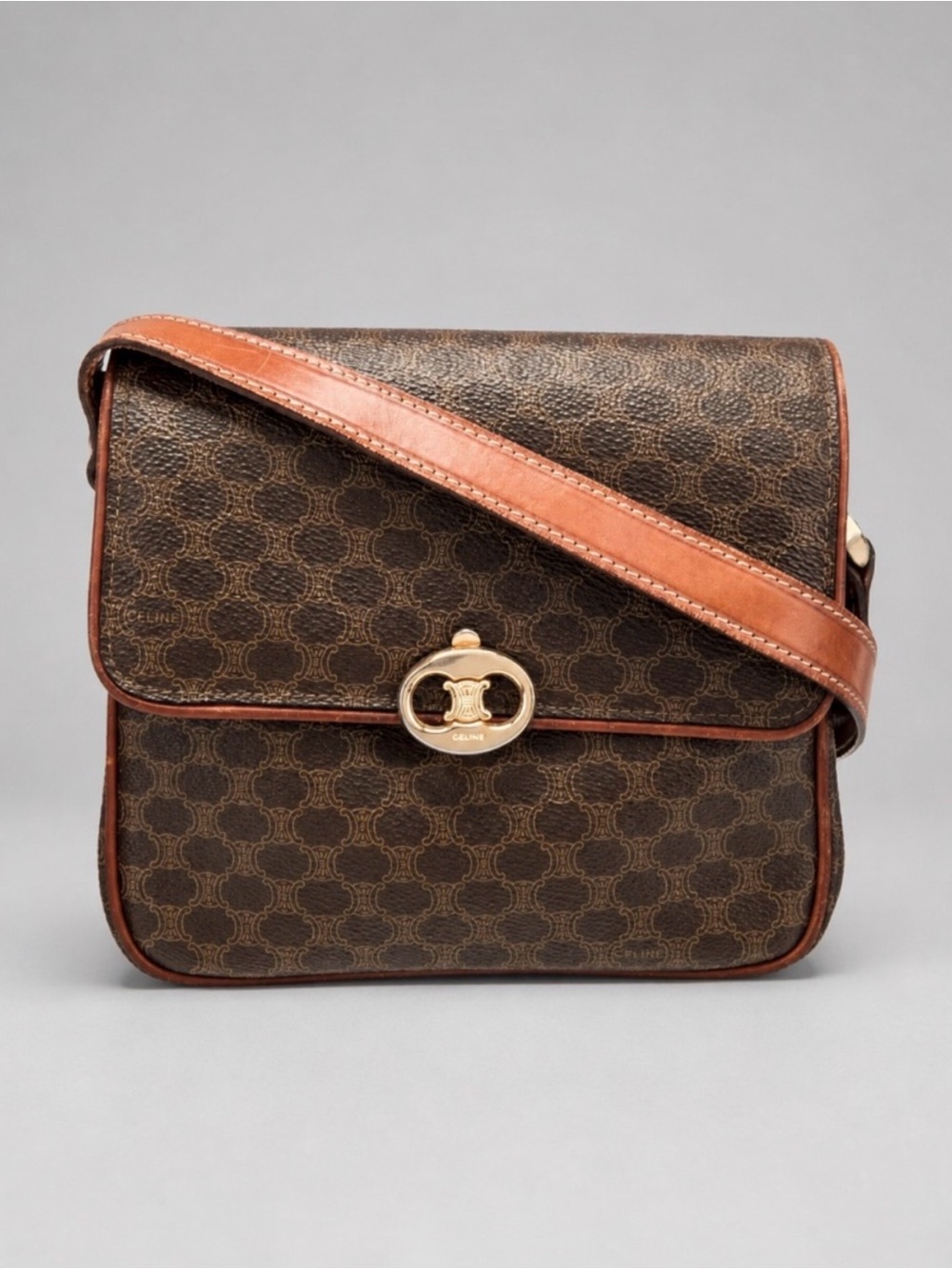 Celine Triomphe Macadam Monogram Canvas Mini Crossbody Brown with Tan Trim